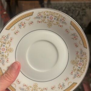 Elegant White Porcelain Saucer with Gold and Pink Floral Trim